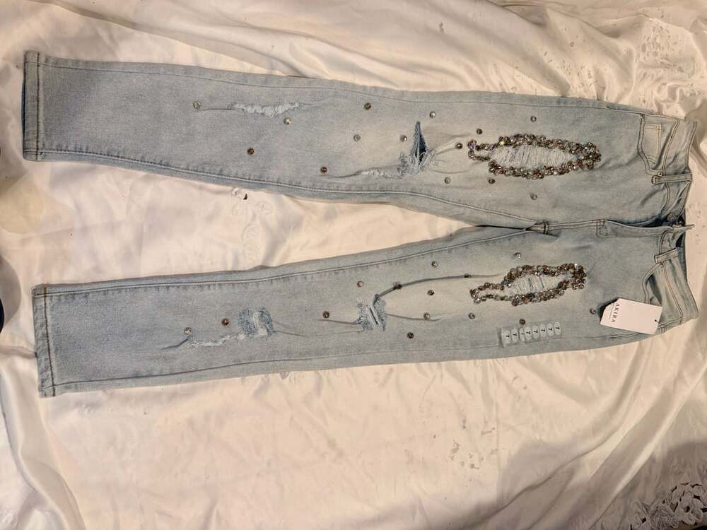 Akira Light Blue Rhinestone Embellished Distressed Skinny Jeans Size 7